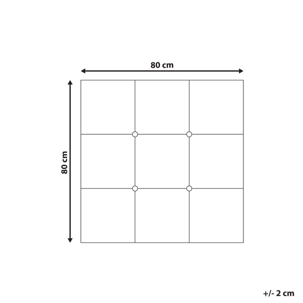 Maßzeichnung eines quadratischen Kissens mit einer Breite von 80 Zentimeter und einer Länge von 80 Zentimeter, Toleranz plus minus 2 Zentimeter.