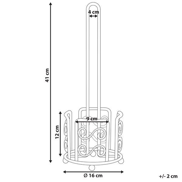 Toilettenpapierhalter mit Maßangaben: Gesamthöhe 41 Zentimeter, Durchmesser 16 Zentimeter, Korbhöhe 12 Zentimeter.