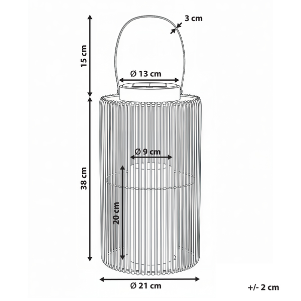 Technische Zeichnung einer Solar-Laterne mit Abmessungen: Höhe 38 Zentimeter, Durchmesser 21 Zentimeter, Bügelhöhe 15 Zentimeter.
