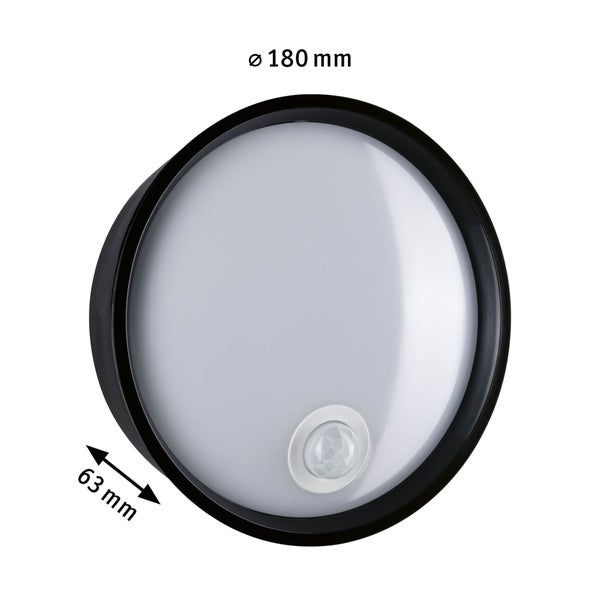 LED Außenwandleuchte Platomo Dämmerungsgesteuerter Bewegungsmelder (IR) seewasserresistent IP44 rund 180mm 3000K 14,5W 1200lm 230V Schwarz Kunststoff