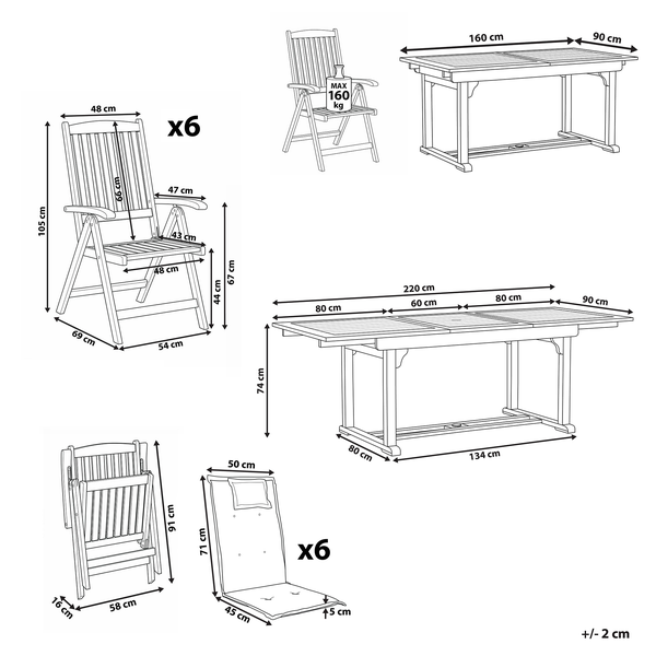 Maßzeichnung für Gartenmöbel-Set: Ausziehbarer Tisch, sechs Klappstühle und Sitzauflagen mit detaillierten Angaben in Zentimeter.