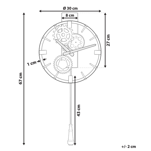 Maßzeichnung einer runden Wanduhr mit Pendel und Zahnrädern: Gesamthöhe 67 Zentimeter, Durchmesser 30 Zentimeter, Pendellänge 43 Zentimeter.