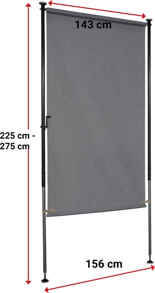 Freistehende Markise mit den Maßen 143 cm Breite, 225 cm bis 275 cm Höhe und 156 cm Tiefe