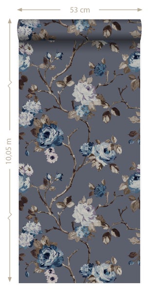 Origin Wallcoverings Tapete Blumen Vintage Blau und Taupe - 53 cm x 10.05 m - 347429