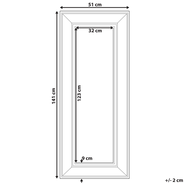Technische Zeichnung eines Spiegels mit Maßangaben