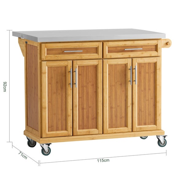 Küchenwagen aus Bambus mit Arbeitsplatte, Schubladen und Schrankfächern