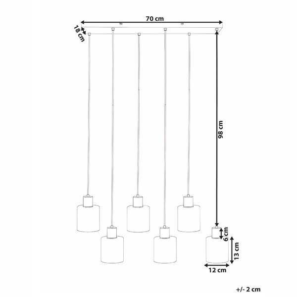 Technische Zeichnung einer Pendelleuchte mit fünf Leuchten und Maßangaben