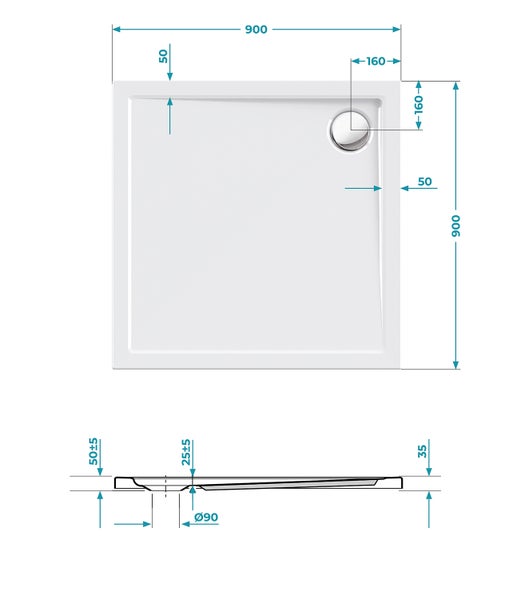 Calmwaters® Quadrat-Duschwanne Modern Select, eckige bodengleiche Brausewanne aus Acryl, 90 x 90 x 2,5 cm mit Ablaufloch in 90 mm, Duschtasse in Weiß, 01SL2984