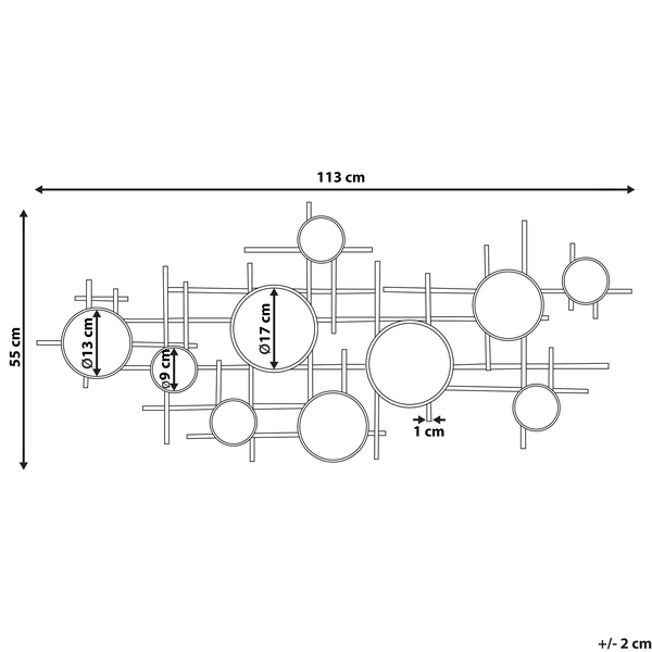 Abbildung mit den Maßen der Wanddekoration: 55 cm Höhe, 113 cm Länge, Durchmesser der Kreise 13 cm, 9 cm und 17 cm, Tiefe 1 cm