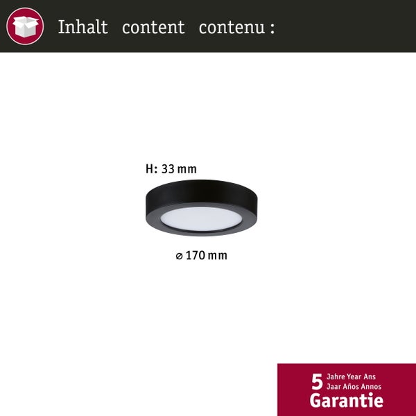 Abmessungen einer runden Deckenleuchte mit 170 Millimeter Durchmesser und 33 Millimeter Höhe