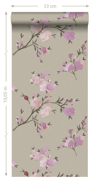 ESTAhome Tapete Kirschblüten Taupe und Violett - 53 cm x 10.05 m - 148717