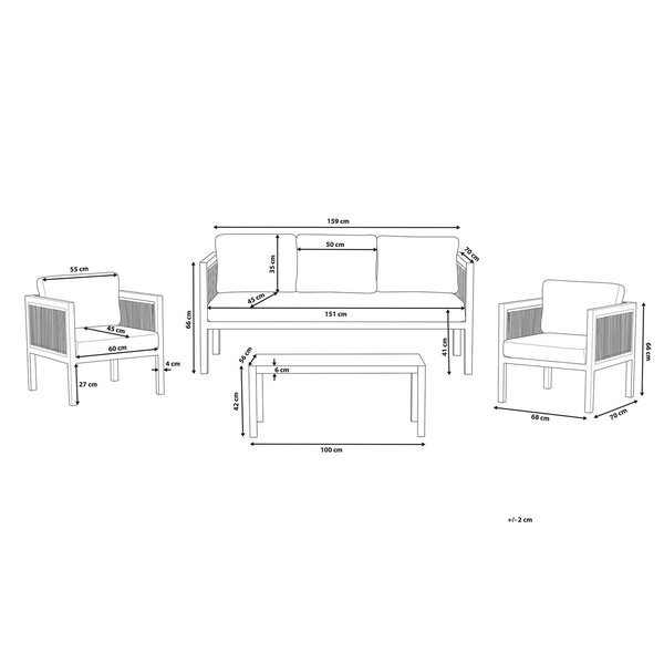 Gartenmöbel Set mit Sofa, zwei Sesseln und Tisch mit Maßangaben