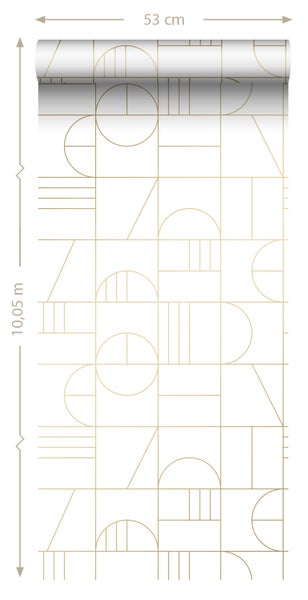 ESTAhome Tapete Art Decó Muster Weiß und Gold - 53 cm x 10.05 m - 139141