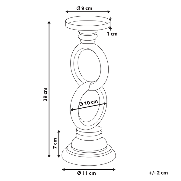 Abmessungen eines Kerzenständers: Höhe 29 cm, Durchmesser oben 9 cm, Höhe Sockel 7 cm, Durchmesser Sockel 11 cm
