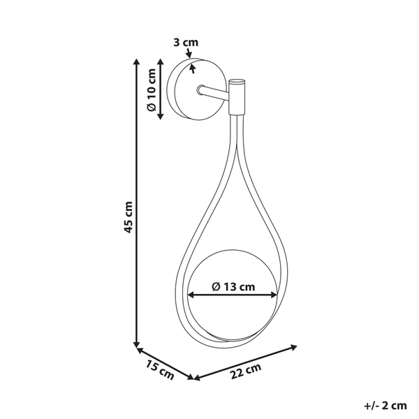 Technische Zeichnung einer Handtuchhalter-Abmessung: 45 cm hoch, Durchmesser von 10 cm und 13 cm, 15 cm breit und 22 cm tief