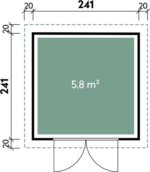 Grundrisszeichnung eines quadratischen Gartenhauses mit 5,8 Quadratmeter Grundflaeche und Massangaben in Zentimetern.