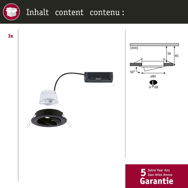 LED Einbauleuchte Nova Coin 3er-Set rund 84mm 50° 3x2,8W 3x505lm 230V 4000K Schwarz matt