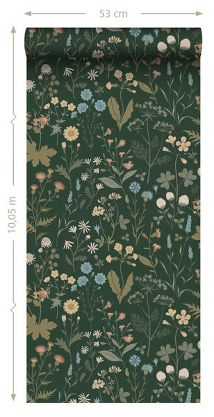 ESTAhome Tapete Feldblumen Dunkelgrün und Blau - 53 cm x 10.05 m - 139697