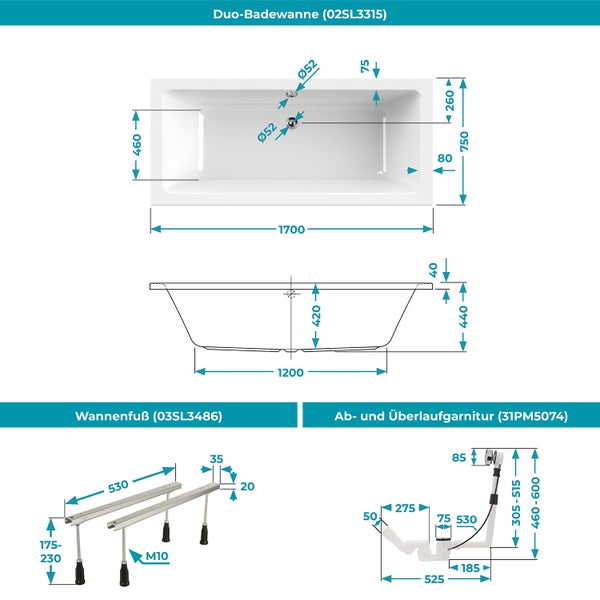 Technische Zeichnung Duo-Badewanne 1700 mal 750 Millimeter, Wannenfuß und Ab- und Überlaufgarnitur mit detaillierten Maßangaben.