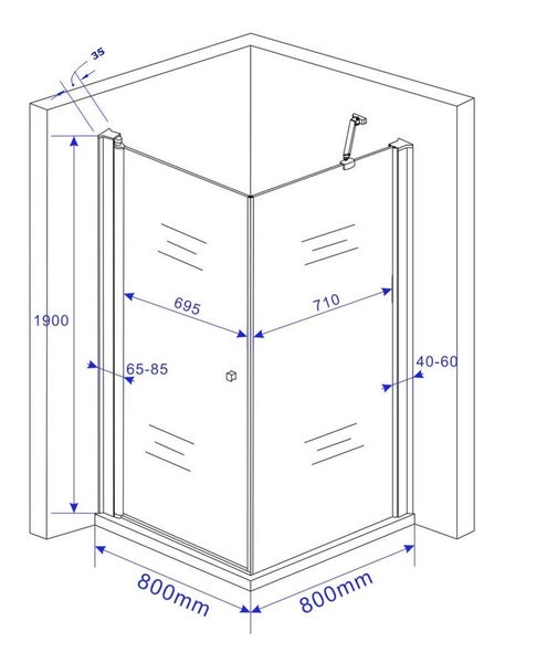 Technische Zeichnung einer Eckdusche mit Maßangaben