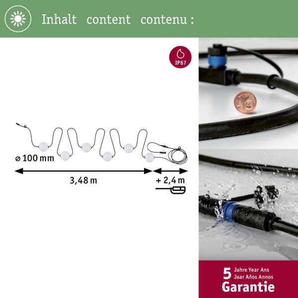 Abbildung einer Lichterkette mit einer Länge von 3,48 Metern plus 2,4 Metern Zuleitung, Kugeldurchmesser 100 Millimeter, Schutzart IP67 und fünf Jahre Garantie