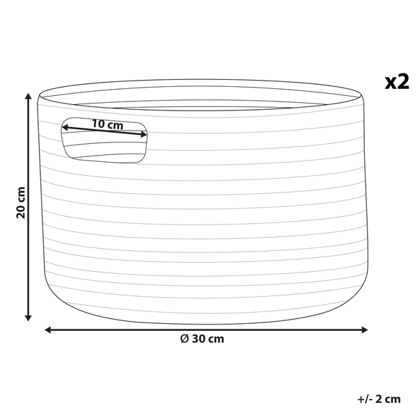 Abbildung eines Aufbewahrungskorbs mit den Maßen: Durchmesser 30 cm, Höhe 20 cm, Griff 10 cm. Enthält zwei Stück.