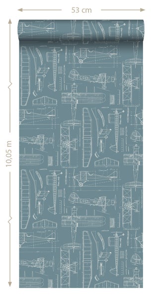 ESTAhome Tapete Kontruktionszeichnungen von Flugzeugen Vintage Dunkelblau - 53 cm x 10.05 m - 128809