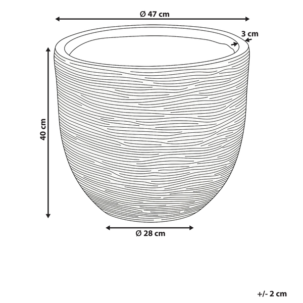 Abbildung eines Pflanzgefäßes mit den Maßangaben: Durchmesser oben 47 cm, Durchmesser unten 28 cm, Höhe 40 cm, Randbreite 3 cm