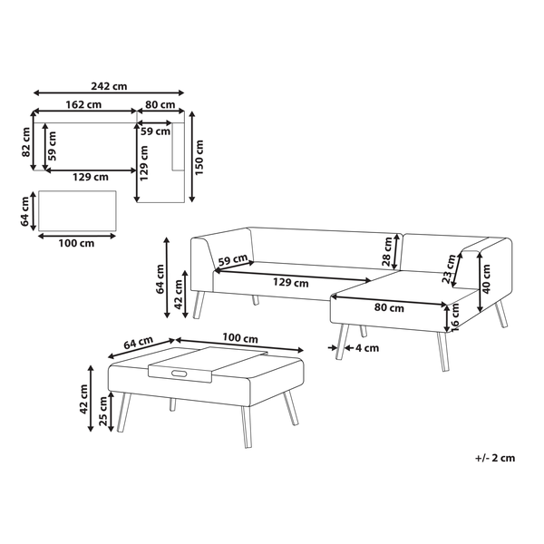 Maßzeichnung eines Sofas mit Ottomane und Hocker, inklusive Größenangaben in Zentimetern