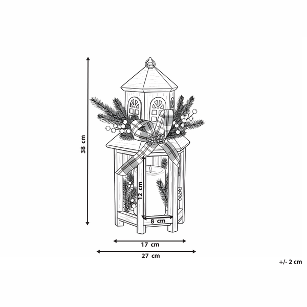 Abmessungen einer Dekorationslaterne mit Kerze und Schleife: Höhe 38 cm, Breite oben 17 cm, Breite unten 27 cm, Kerzenhöhe 12 cm, Kerzendurchmesser 8 cm