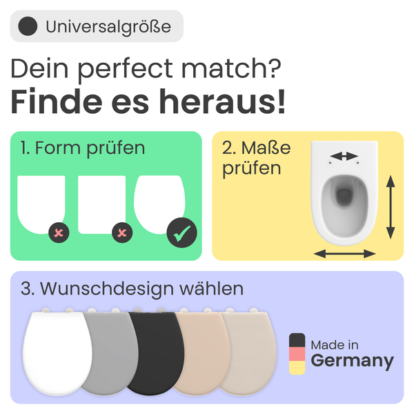 Anleitung zur Auswahl eines WC-Sitzes in Universalgröße: Form prüfen, Maße prüfen, Wunschdesign wählen.