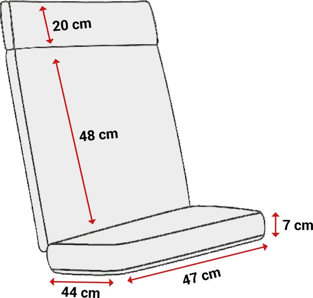 Gartenstuhl-Auflage mit Maßen: Kopfsegment 20 Zentimeter, Rückenlehne 48 Zentimeter, Sitzfläche 44 mal 47 Zentimeter, Stärke 7 Zentimeter.