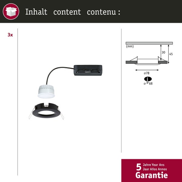 LED Einbauleuchte Nova Coin IP44 rund 78mm Tunable White 3x6W 3x530lm 230V Schwarz matt Aluminium