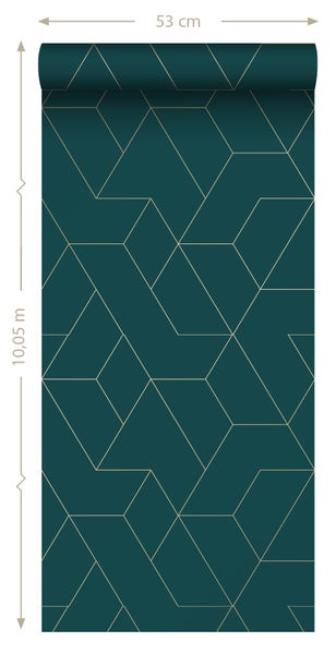 ESTAhome Tapete grafische Linien Petrolblau und Gold - 50 x 900 cm - 139947