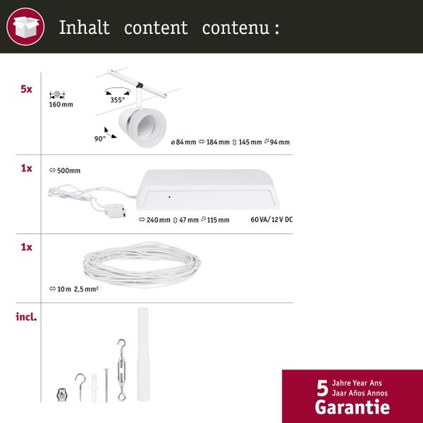 CorDuo Seilsystem Cone Basisset GU5,3 max. 5x10W 230/12V Weiß matt, Chrom