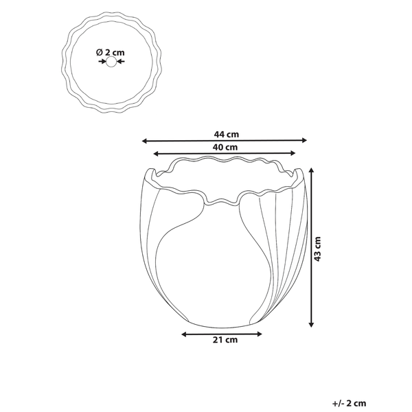 Technische Zeichnung eines blumenförmigen Pflanzkübels: Höhe 43 Zentimeter, Breite 44 Zentimeter, Öffnung 40 Zentimeter, Loch Durchmesser 2 Zentimeter.