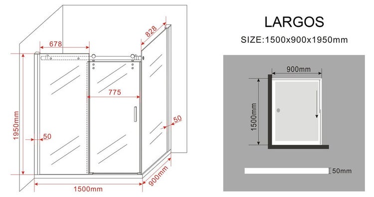 Technische Zeichnung einer Largos Duschkabine mit Größenangaben.