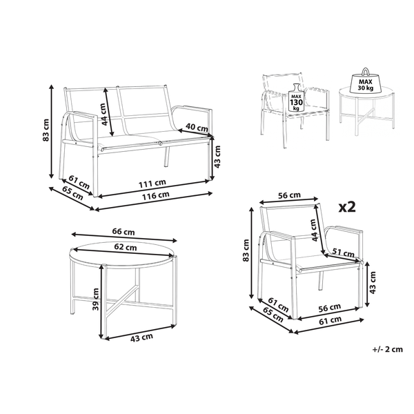 Maßzeichnung Gartenmöbel-Set: Sofa Breite 116 Zentimeter, Sessel Breite 61 Zentimeter. Belastbarkeit Sessel 130 Kilogramm, Tisch 30 Kilogramm.