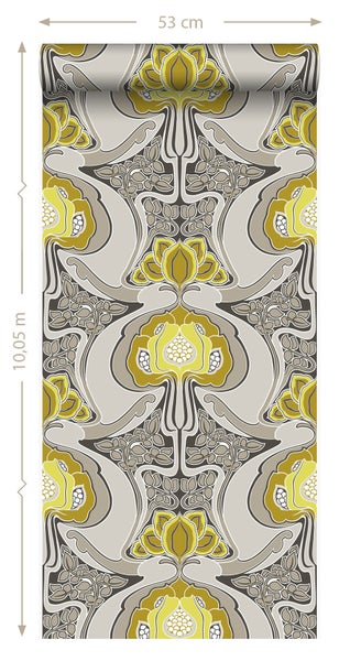 Origin Wallcoverings Tapete Jugendstil-Blumenmuster Ockergelb und Grau - 53 cm x 10.05 m - 347206