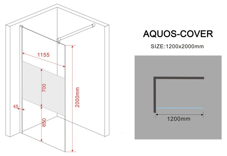 Technische Zeichnung einer Duschabtrennung Aquos Cover mit Maßangaben
