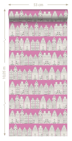 ESTAhome Tapete Amsterdamer Grachtenhäuser Rosa - 53 cm x 10.05 m - 137714