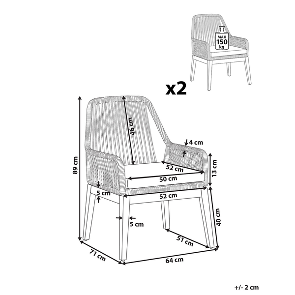 Maßzeichnung eines Gartenstuhls im 2er-Set mit Angaben zu Höhe 89 Zentimeter, Breite 64 Zentimeter und maximal 150 Kilogramm Tragkraft.
