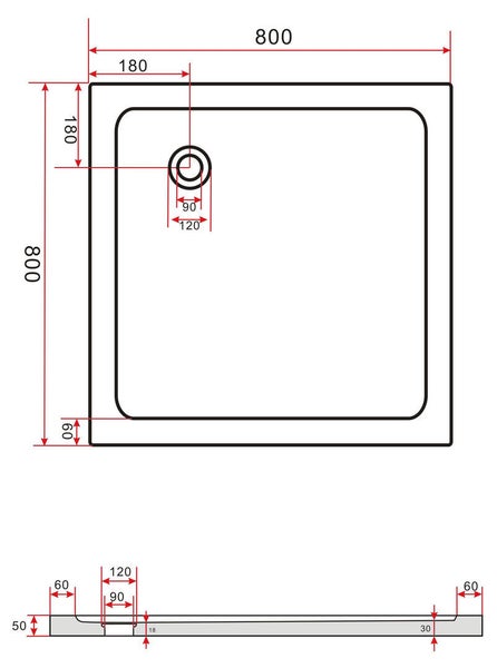 Technische Zeichnung einer Duschwanne mit Maßangaben.