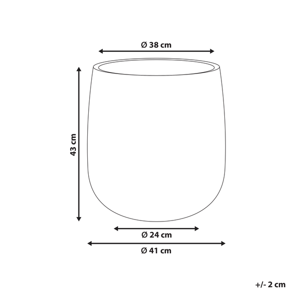 Schemazeichnung eines Pflanzgefäßes mit den Maßen Durchmesser 38 cm oben, Durchmesser 24 cm unten, Durchmesser 41 cm in der Mitte und 43 cm Höhe.