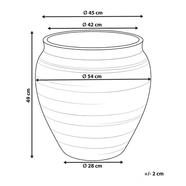 Skizze eines Pflanzkübels mit Maßen: Höhe 49 Zentimeter, Durchmesser oben 45 Zentimeter, Bauch 54 Zentimeter und Boden 28 Zentimeter.