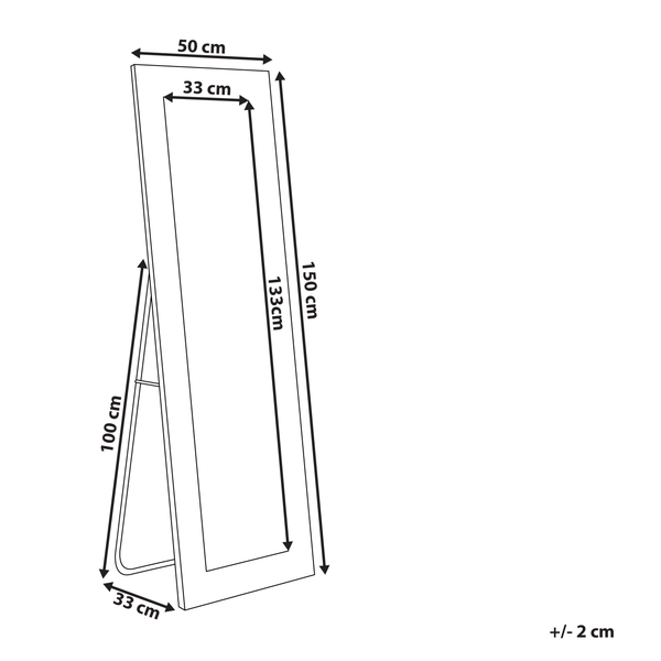 Produktmaßangaben für einen Standspiegel: 150 cm Höhe, 50 cm Breite, Spiegelfläche 133 cm Höhe, 33 cm Breite, Standfuß 100 cm Höhe, 33 cm Breite, Messgenauigkeit plusminus 2 cm.