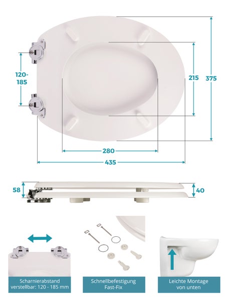 Calmwaters® WC Sitz Modern Wellness mit Absenkautomatik, Toilettensitz Weiß, Holzkern Toilettendeckel, Fast-Fix, Metallscharnier, universale O-Form, WC Deckel oval, Komfort Klositz, Weiß