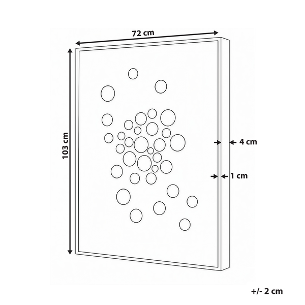 Maßzeichnung eines Wandbildes mit Kreismuster, Breite 72 Zentimeter, Höhe 103 Zentimeter, Tiefe 4 Zentimeter, Rahmenbreite 1 Zentimeter.