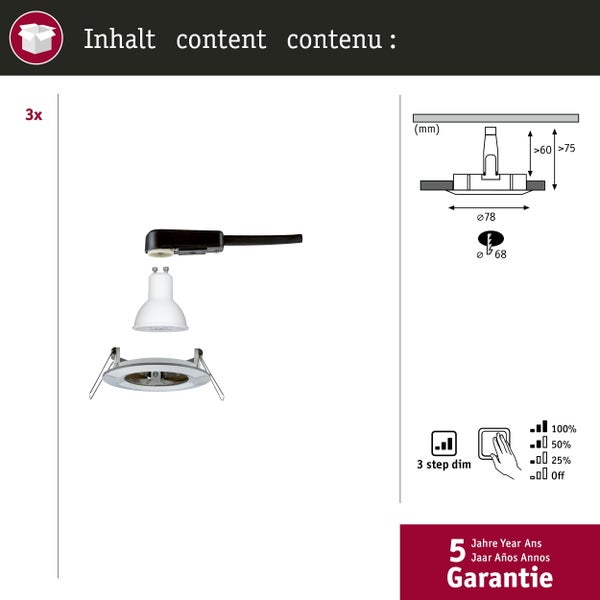 LED Einbauleuchte 3-Step-Dim Nova Basisset starr IP44 rund 78mm GU10 3x6,5W 3x460lm 230V dimmbar 2700K Eisen gebürstet