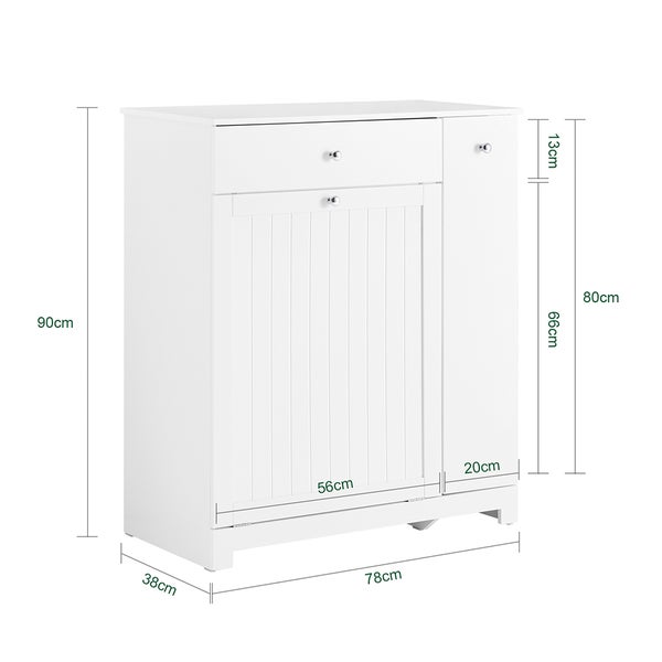 Weißer Badezimmerschrank mit Schublade und Tür und den Maßen 90 x 78 x 38 cm.